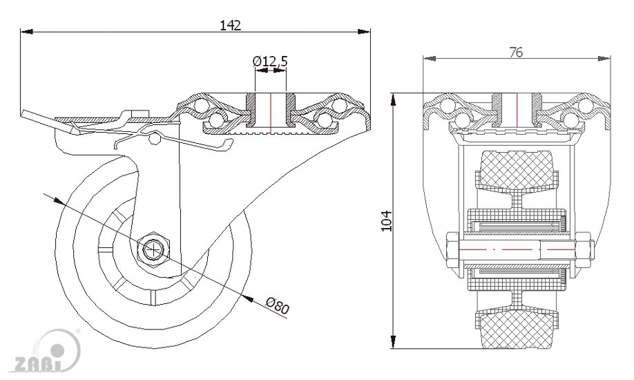 Колёса и наборы колёс, Колеса промышленные (пластик +резина), С опорами с отверстием с тормозом с обозначением 8TSH