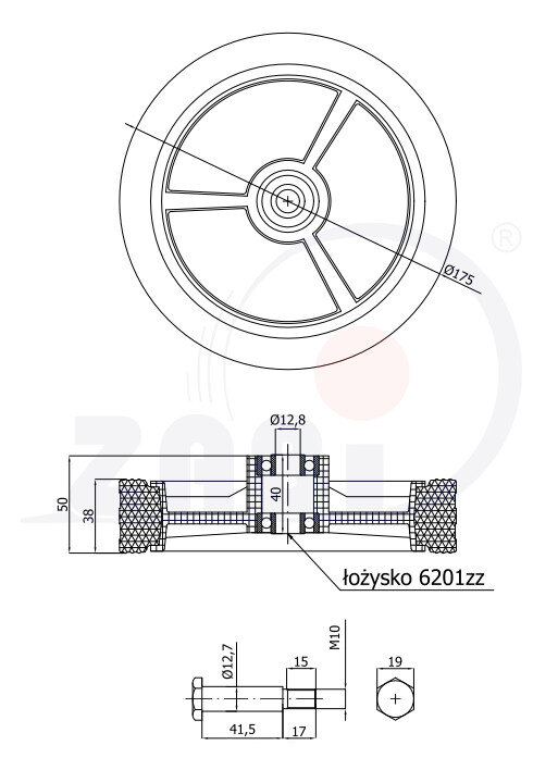 Koła i zestawy kołowe, Koła do kosiarek, Z zestawem montażowym o symbolu K175Ł*M10