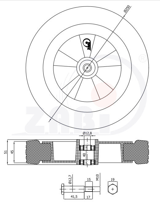 Koła i zestawy kołowe, Koła do kosiarek, Z zestawem montażowym o symbolu K250Ł*M10