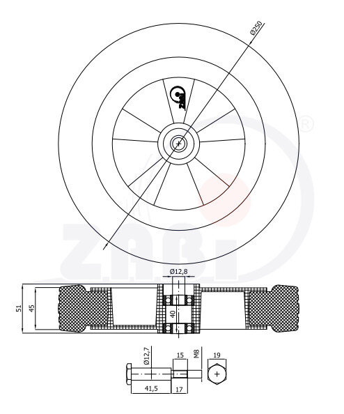 Koła i zestawy kołowe, Koła do kosiarek, Z zestawem montażowym o symbolu K250Ł*M8