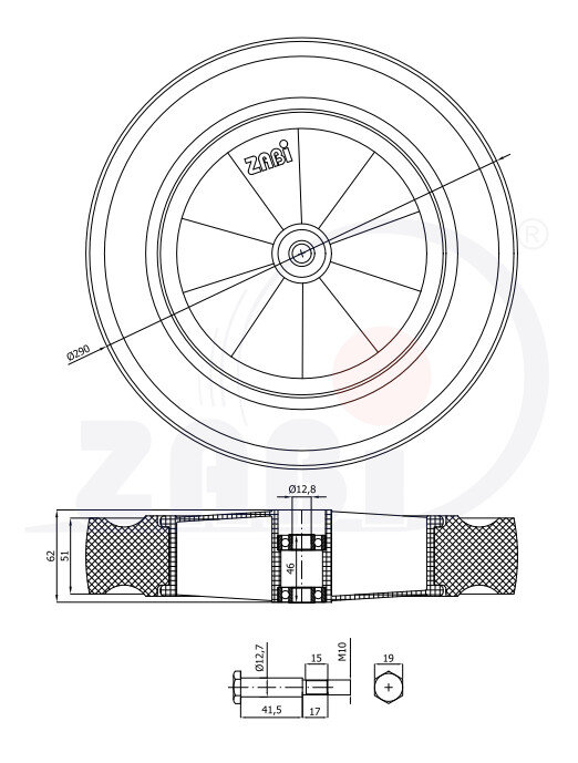 Koła i zestawy kołowe, Koła do kosiarek, Z zestawem montażowym o symbolu K290Ł*M10