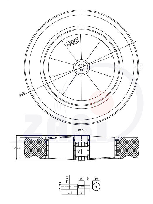 Koła i zestawy kołowe, Koła do kosiarek, Z zestawem montażowym o symbolu K290Ł*M8
