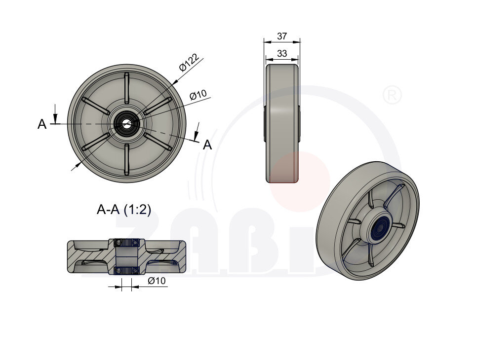 Колеса промышленные нейлоновые (полиамидные), Колеса промышленные нейлоновые (полиамидные), Отдельные колёса с обозначением 122BN/10