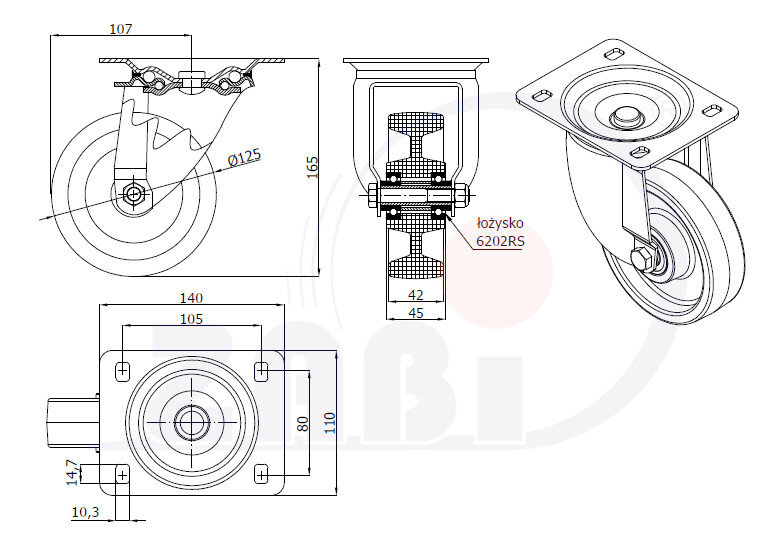 Колеса промышленные нейлоновые (полиамидные), Колеса промышленные нейлоновые (полиамидные), Колеса нейлоновые поворотные с обозначением 22BN