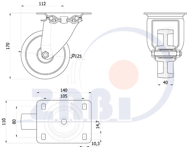 Колеса промышленные нейлоновые (полиамидные), Колеса промышленные нейлоновые (полиамидные), Колеса нейлоновые поворотные с обозначением 22B