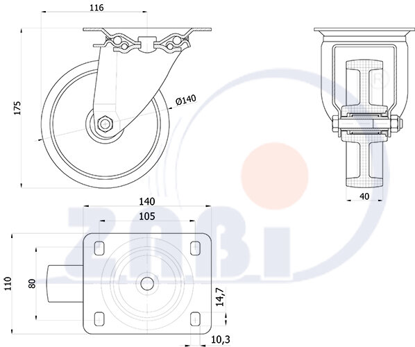 Колеса промышленные нейлоновые (полиамидные), Колеса промышленные нейлоновые (полиамидные), Колеса нейлоновые поворотные с обозначением 32B