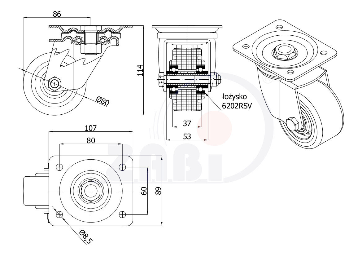 Колеса промышленные нейлоновые (полиамидные), Колеса промышленные нейлоновые (полиамидные), Колеса нейлоновые поворотные с обозначением 3BNW