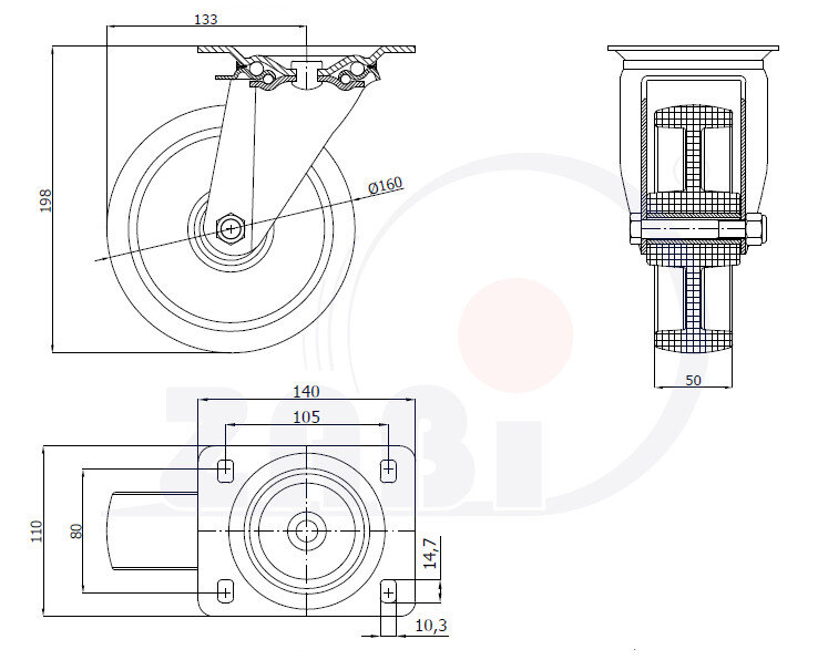 Колеса промышленные нейлоновые (полиамидные), Колеса промышленные нейлоновые (полиамидные), Колеса нейлоновые поворотные с обозначением 42B9