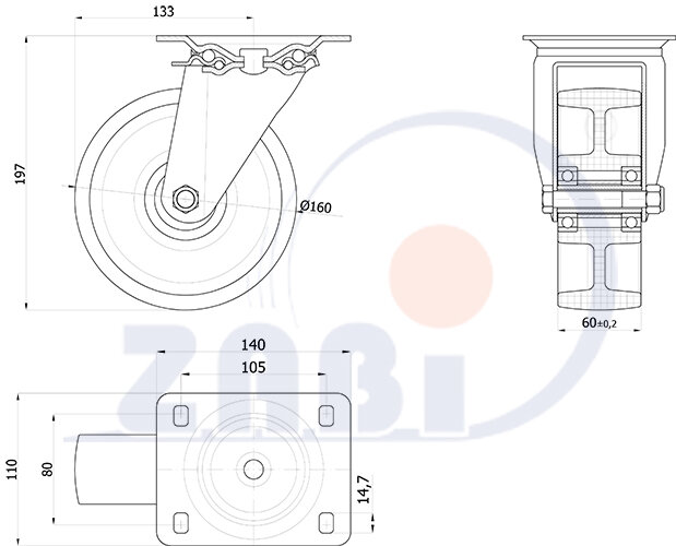 Колеса промышленные нейлоновые (полиамидные), Колеса промышленные нейлоновые (полиамидные), Колеса нейлоновые поворотные с обозначением 42BN