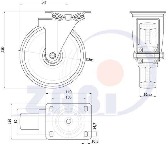 Колеса промышленные нейлоновые (полиамидные), Колеса промышленные нейлоновые (полиамидные), Колеса нейлоновые поворотные с обозначением 62BNW