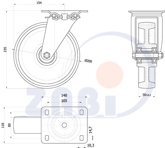 Колёса и наборы колёс, Колёса промышленные опорами из нержавеющей стали, С поворотными опорами из нержавеющей стали с обозначением 62BCNX