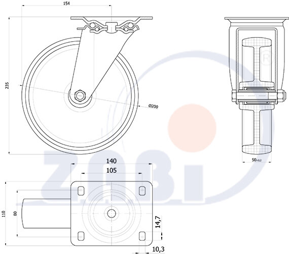 Колеса промышленные нейлоновые (полиамидные), Колеса промышленные нейлоновые (полиамидные), Колеса нейлоновые поворотные с обозначением 62B