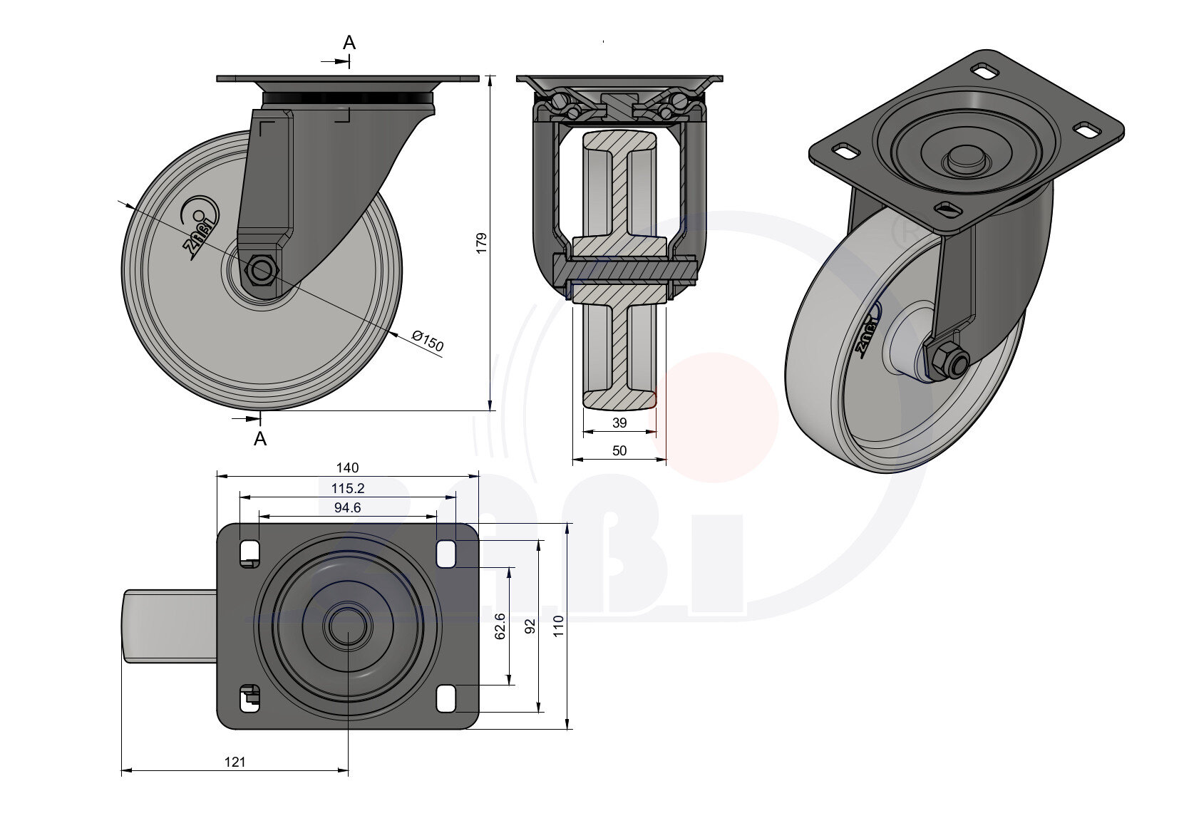 Koła poliamidowe, Do małych obciążeń, W obudowach skrętnych o symbolu 72B9