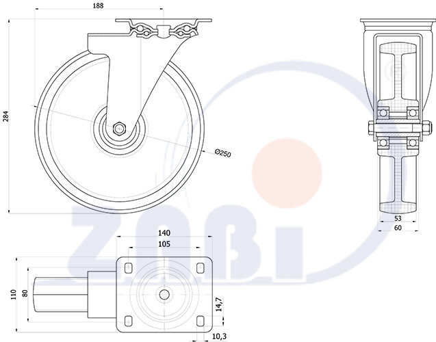 Koła poliamidowe, Do małych obciążeń, W obudowach skrętnych o symbolu 92BN