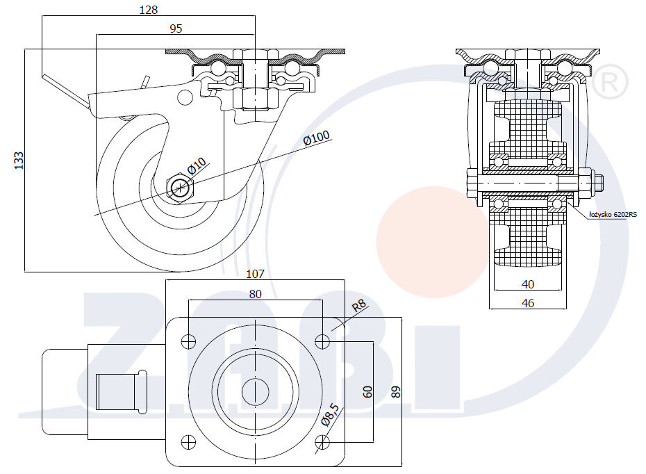 Колеса промышленные нейлоновые (полиамидные), Колеса промышленные нейлоновые (полиамидные), Колеса нейлоновые поворотными с тормозом с обозначением 15BNWH