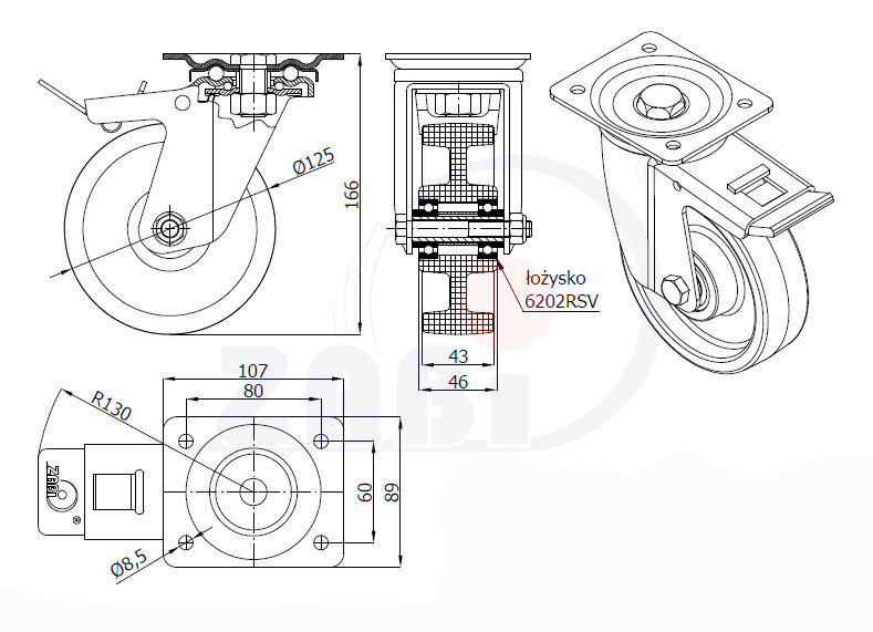 Колеса промышленные нейлоновые (полиамидные), Колеса промышленные нейлоновые (полиамидные), Колеса нейлоновые поворотными с тормозом с обозначением 25BNWH