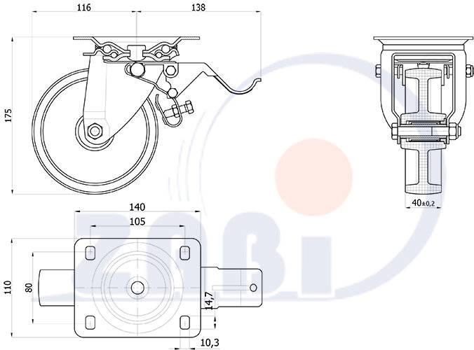 Колеса промышленные нейлоновые (полиамидные), Колеса промышленные нейлоновые (полиамидные), Колеса нейлоновые поворотными с тормозом с обозначением 35BH