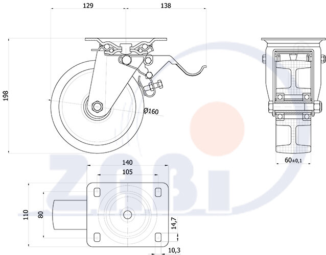 Колёса и наборы колёс, Колёса промышленные опорами из нержавеющей стали, с обозначением 45BNXH