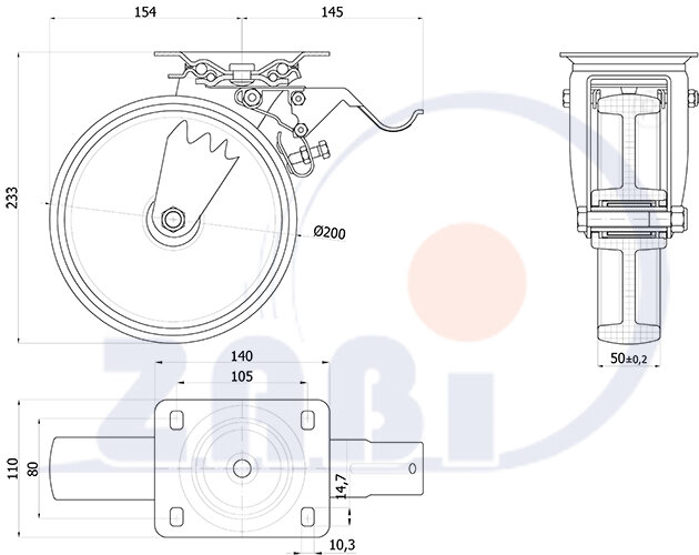 Koła i zestawy kołowe, Koła w obudowach ze stali nierdzewnej, W obudowach skrętnych z hamulcem ze stali nierdzewnej o symbolu 65BXH