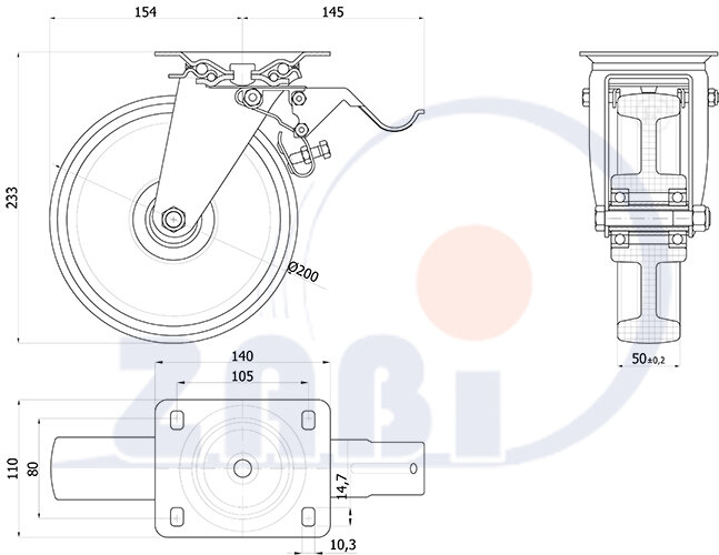 Koła i zestawy kołowe, Koła w obudowach ze stali nierdzewnej, W obudowach skrętnych z hamulcem ze stali nierdzewnej o symbolu 65BNXH