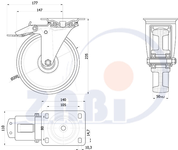 Колеса промышленные нейлоновые (полиамидные), Колеса промышленные нейлоновые (полиамидные), Колеса нейлоновые поворотными с тормозом с обозначением 65BNWH