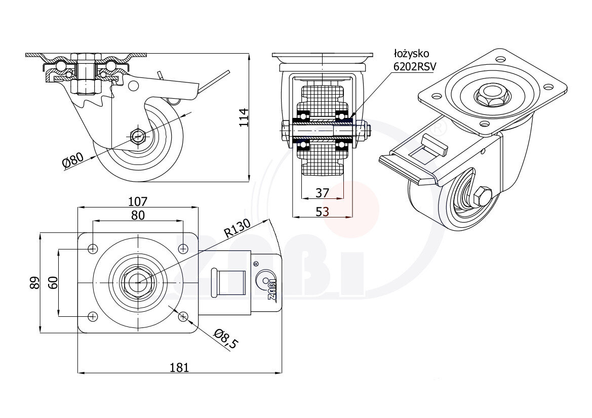 Колеса промышленные нейлоновые (полиамидные), Колеса промышленные нейлоновые (полиамидные), Колеса нейлоновые поворотными с тормозом с обозначением 6BNWH