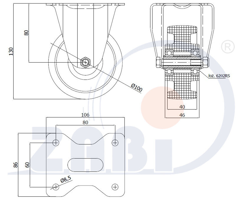 Колеса промышленные нейлоновые (полиамидные), Колеса промышленные нейлоновые (полиамидные), Колеса нейлоновые неповоротными с обозначением 13BNW