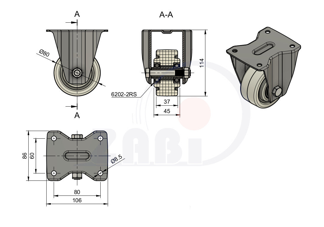 Колеса промышленные нейлоновые (полиамидные), Колеса промышленные нейлоновые (полиамидные), Колеса нейлоновые неповоротными с обозначением 4BNW