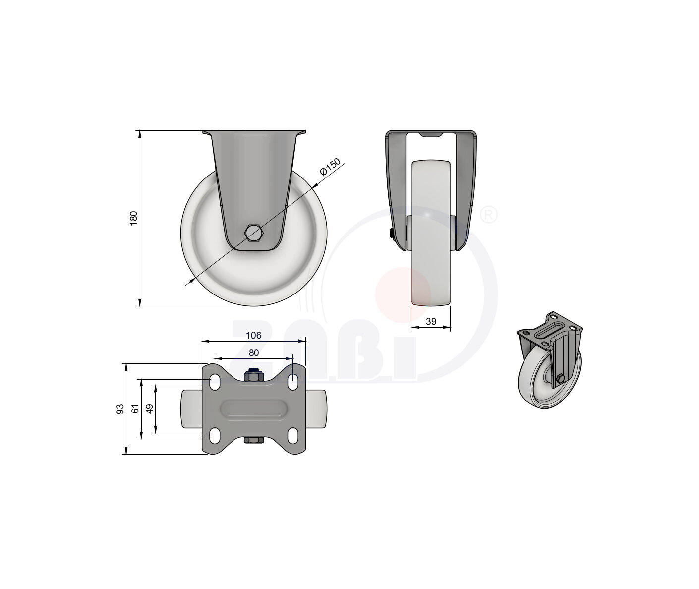 Räder mit Hitzebeständig, Räder mit Hitzebeständig bis 150°C, Bockrollen mit dem Symbol 73MBE9