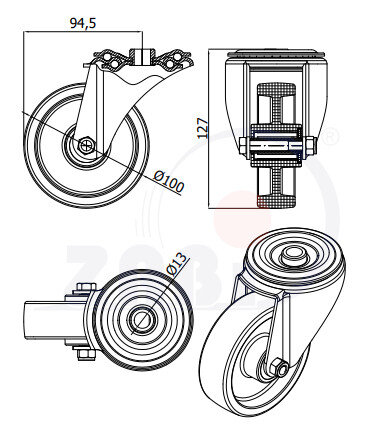 Колеса промышленные нейлоновые (полиамидные), Колеса промышленные нейлоновые (полиамидные), С опорами с отверстием с обозначением 17B