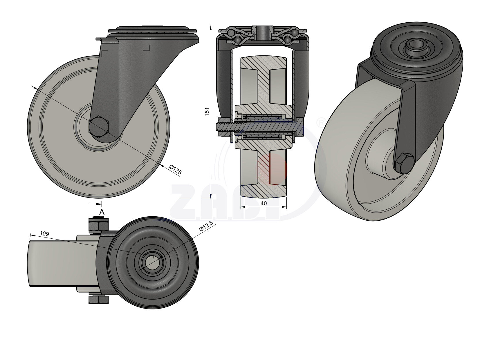 Колеса промышленные нейлоновые (полиамидные), Колеса промышленные нейлоновые (полиамидные), С опорами с отверстием с обозначением 27MB