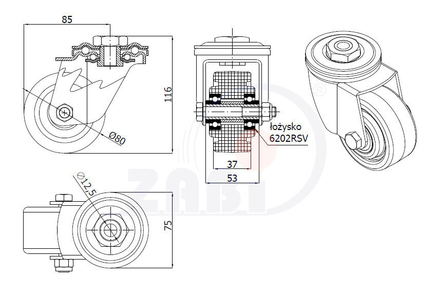 Колеса промышленные нейлоновые (полиамидные), Колеса промышленные нейлоновые (полиамидные), С опорами с отверстием с обозначением 8BNW