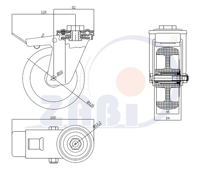 Koła poliamidowe, Do małych obciążeń, W obudowach z otworem i hamulcem o symbolu 27BZWH