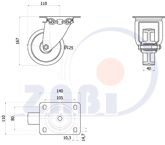, Колеса нейлоновые + полиуретан, Колеса нейлоновые + полиуретан поворотные с обозначением 22BC