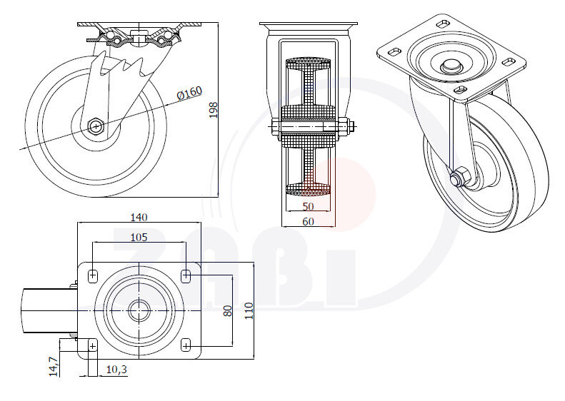 , Колеса нейлоновые + полиуретан, Колеса нейлоновые + полиуретан поворотные с обозначением 42BC9