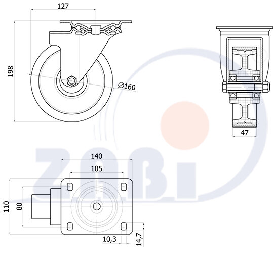 , Колеса нейлоновые + полиуретан, Колеса нейлоновые + полиуретан поворотные с обозначением 42BCNW
