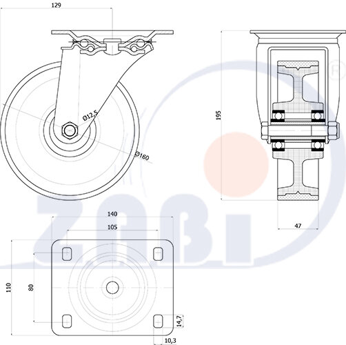 , Колеса нейлоновые + полиуретан, Колеса нейлоновые + полиуретан поворотные с обозначением 42BCN