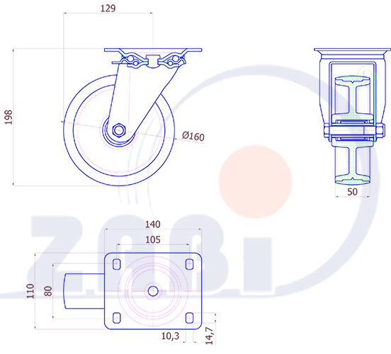 , Колеса нейлоновые + полиуретан, Колеса нейлоновые + полиуретан поворотные с обозначением 42BC