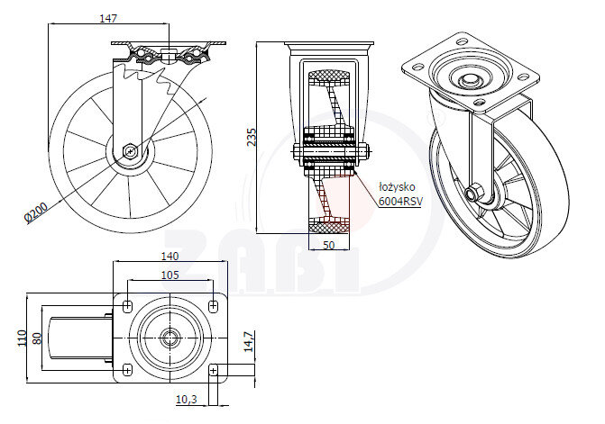 , Колеса нейлоновые + полиуретан, Колеса нейлоновые + полиуретан поворотные с обозначением 62BCNW