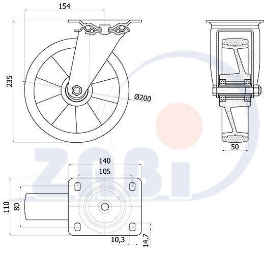 Koła poliamidowo-poliuretanowe, Do małych obciążeń, W obudowach skrętnych o symbolu 62BCN