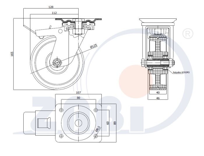 , Колеса нейлоновые + полиуретан, Колеса нейлоновые + полиуретан поворотные + тормоз с обозначением 25BCNWH