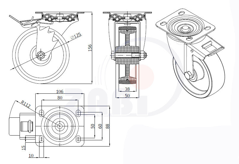 , Колеса нейлоновые + полиуретан, Колеса нейлоновые + полиуретан поворотные + тормоз с обозначением 25MBC9H