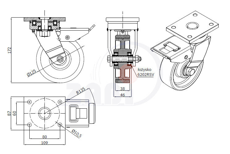 Koła poliamidowo-poliuretanowe, Do dużych obciążeń, W obudowach skrętnych spawanych z hamulcem o symbolu 25MBCNDH
