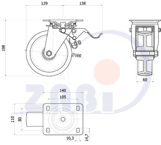 , Колеса нейлоновые + полиуретан, Колеса нейлоновые + полиуретан поворотные + тормоз с обозначением 45BC9H