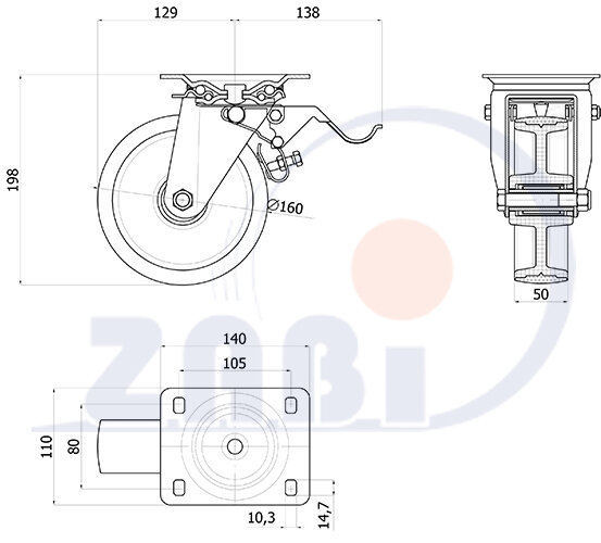 , Колеса нейлоновые + полиуретан, Колеса нейлоновые + полиуретан поворотные + тормоз с обозначением 45BCH