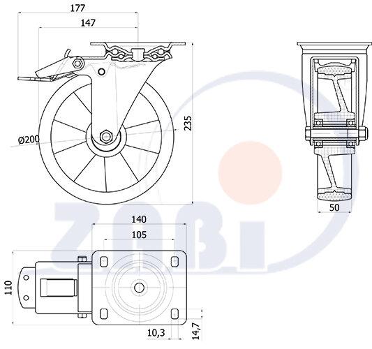 , Колеса нейлоновые + полиуретан, Колеса нейлоновые + полиуретан поворотные + тормоз с обозначением 65BCNWH