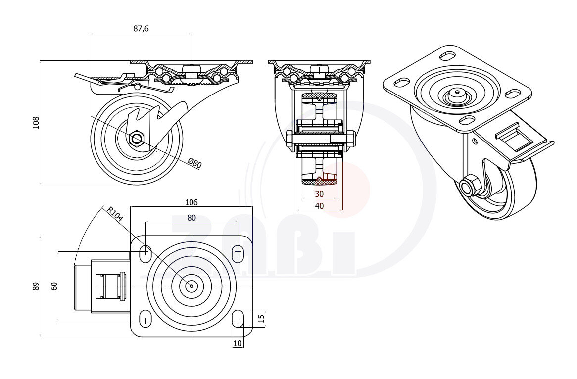 , Колеса нейлоновые + полиуретан, Колеса нейлоновые + полиуретан поворотные + тормоз с обозначением 6BCH