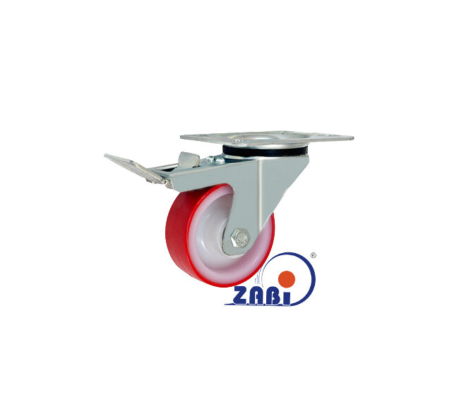 Plastic wheels (polyamide + polyurethane), Plastic wheels (polyamide + polyurethane), in swivelling housings with top brake with symbol 6BCNH