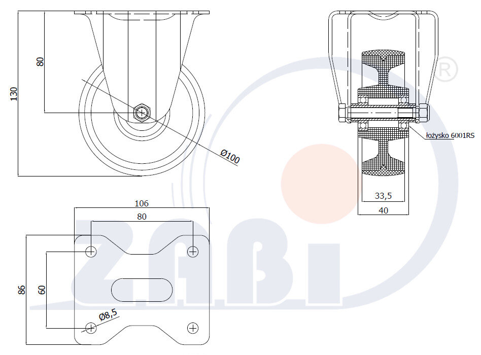 , Колеса нейлоновые + полиуретан, Колеса нейлоновые + полиуретан неповоротными с обозначением 13BCNW
