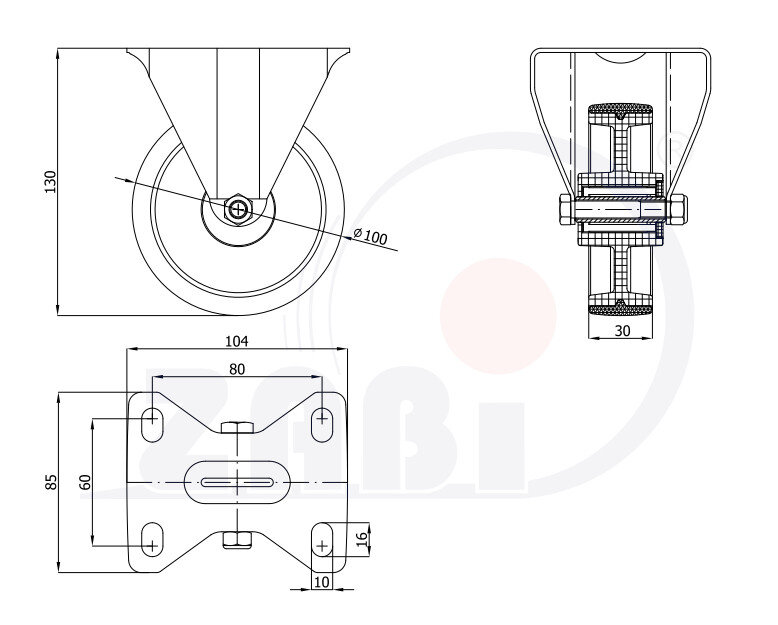 , Колеса нейлоновые + полиуретан, Колеса нейлоновые + полиуретан неповоротными с обозначением 13BC